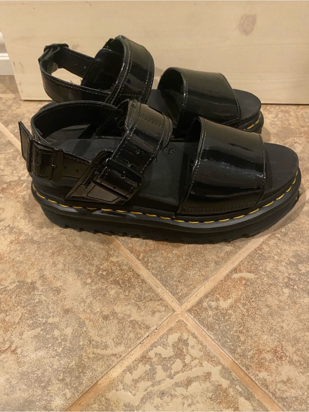Dr. Martens Black Patent Platform Sandals with Yellow Stitching